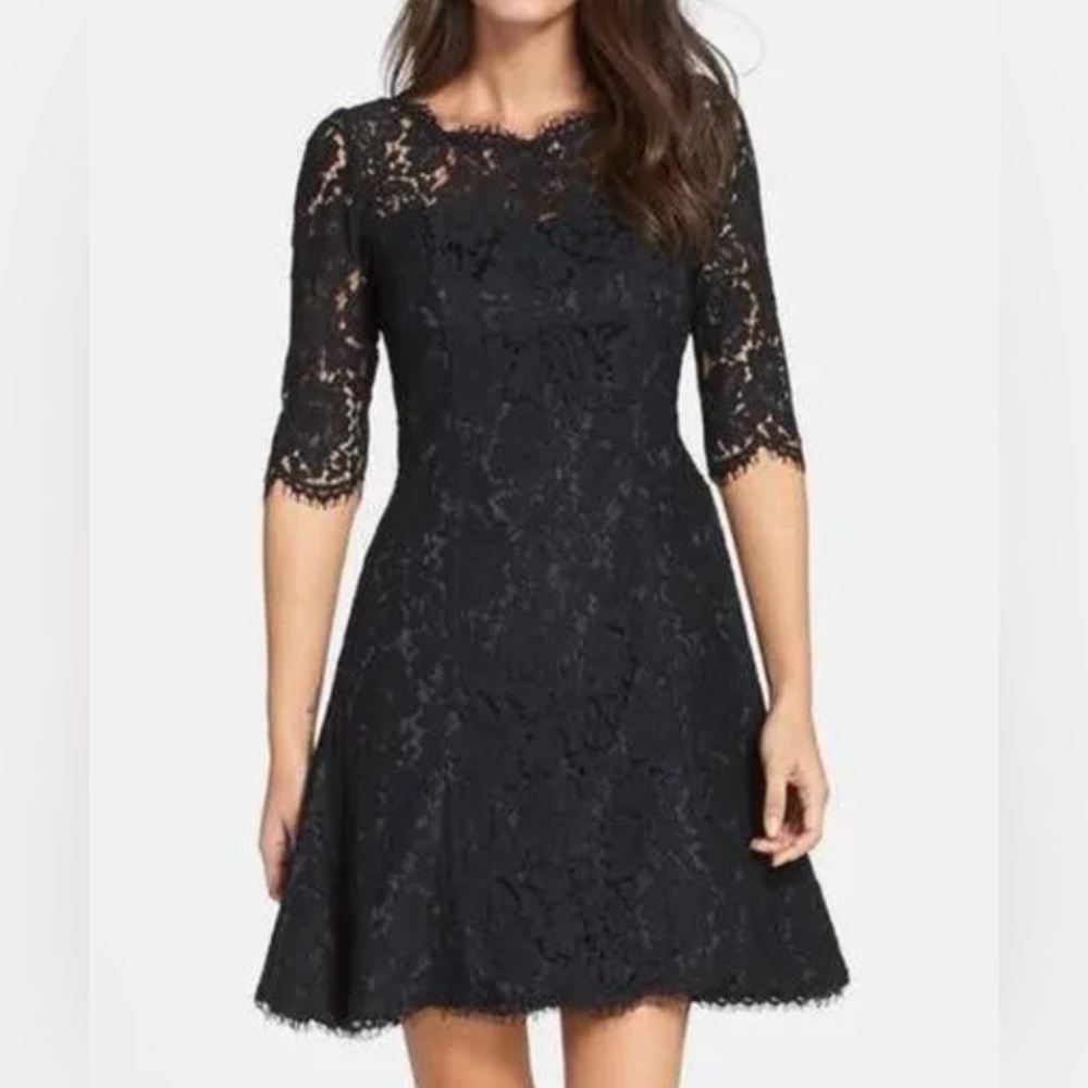 Eliza J fit and flare 3/4 sleeve black floral lace cocktail dress.